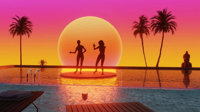 Happy young females dancing in swimming pool in luxury resort, sunset time. 3d Synthwave animated background. Seamless loop.