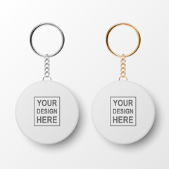 Vector 3d Realistic Blank White Round Keychain with Ring and Chain for Key Isolated on White. Button Badge with Ring Set. Plastic, Metal ID Badge with Chains Key Holder, Design Template, Mockup - obrazy, fototapety, plakaty