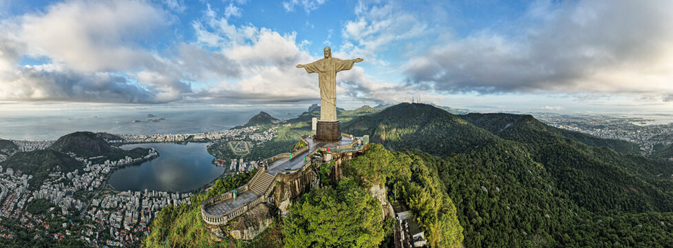 Rio de Janeiro, RJ, Brazil, circa May 2022: Panoramic view of Christ the Redeemer postcard downtown Rio de Janeiro Brazil. Christ the Redeemer statue symbol of Rio de Janeiro. Christ Redeemer.