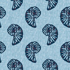 Indigo Blue Seashell nautical seamless pattern. Modern marine shell print in classic nantucket fabric textile hand drawn block print style. Summer 2 tone high contrast jpg tile swatch