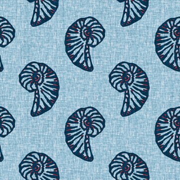 Indigo Blue Seashell nautical seamless pattern. Modern marine shell print in classic nantucket fabric textile hand drawn block print style. Summer 2 tone high contrast jpg tile swatch