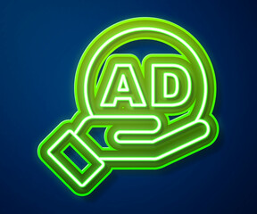 Glowing neon line Advertising icon isolated on blue background. Concept of marketing and promotion process. Responsive ads. Social media advertising. Vector