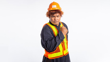 Portrait, male laborer, wearing a safety suit, wearing a helmet reflective safety vest