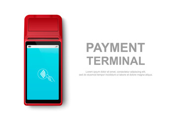 Vector Realistic Red 3d Touch NFC Mobile Payment Machine. POS Terminal Closeup Isolated on White. Design Template of Bank Payment Wireless Contactless Terminal, Mockup. Payments device. Top View