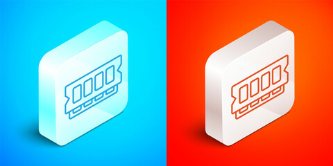 Isometric line RAM, random access memory icon isolated on blue and red background. Silver square button. Vector