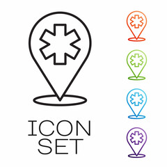 Black line Medical map pointer with cross hospital icon isolated on white background. Set icons colorful. Vector