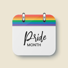 Vector 3d Realistic Simple Calendar Icon. Pride Month Celebrate Concept. LGBT rainbow colors, Gays, Lesbians Parade, Fight for Human Rights. Paper White Spiral Calendar on Wall