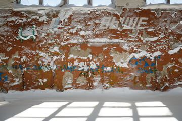The interior of a sports hall in an abandoned school in the Arctic. Snow on the floor. On the wall is peeling paint and the text in Russian "Higher!". Ugolnye Kopi, Chukotka, the Far North of Russia.