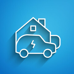 White line Electric car parking charging at home wall box charger station on house icon isolated on blue background. Long shadow. Vector