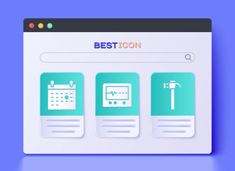 Set Beat dead in monitor, Calendar death and Hammer icon. Vector