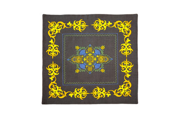 Decorative cushion cover in gray with beautiful, chic yellow embroidery. Isolate on white.