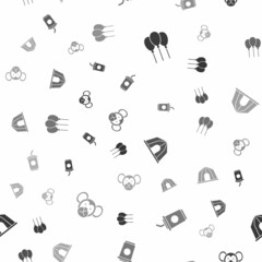 Set Balloons with ribbon, Paper glass water, Circus tent and Monkey on seamless pattern. Vector