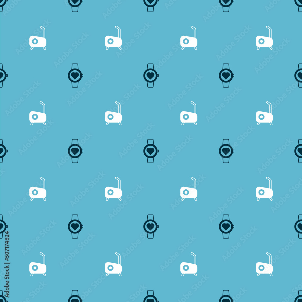 Poster set smart watch and stationary bicycle on seamless pattern. vector
