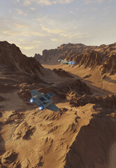 Spaceship Ambush Over the Mountains of a Rocky Planet, 3d digitally rendered science fiction illustration