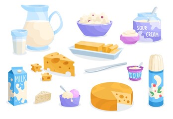 Set of dairy products. Stickers with milk, cheese, butter, cream, ice cream and delicious yogurt. Organic products from supermarket. Cartoon flat vector collection isolated on white background