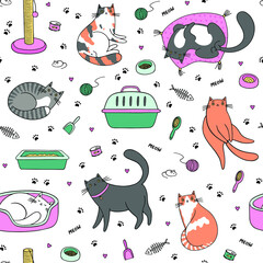 Seamless pattern with cute funny cats on white background. Cute vet pattern. 