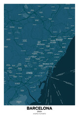 Poster Barcelona - Spain map. Illustration of Barcelona - Spain streets.  Road map.  Transportation network.