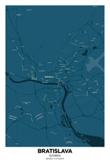 Poster Bratislava - Slovakia map. Illustration of Bratislava - Slovakia streets.  Road map.  Transportation network.