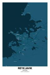 Poster Reykjavik - Iceland map. Illustration of Reykjavik - Iceland streets.  Road map.  Transportation network.
