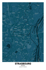 Poster Strasbourg - France map. Illustration of Strasbourg - France streets.  Road map.  Transportation network.
