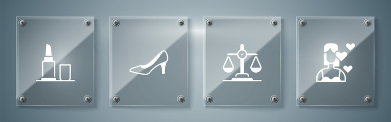 Set Love yourself, Gender equality, Woman shoe and Lipstick. Square glass panels. Vector