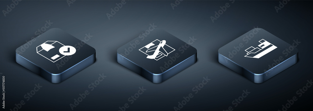 Poster set isometric ackage box with check mark, cargo ship boxes delivery and plane and cardboard icon. ve