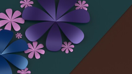 Brown-deep green background with purple-pink-blue paper flowers. Concept image of happy Invitation and reception sign. 3D high quality rendering. 3D illustration. High resolution.