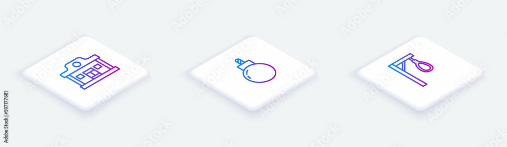 Poster set isometric line wild west saloon, bomb ready to explode and gallows. white square button. vector