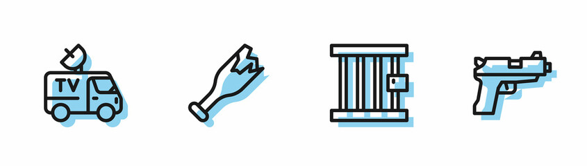 Set line Prison window, TV News car, Broken bottle as weapon and Pistol or gun icon. Vector