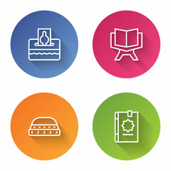 Set line Donate or pay your zakat, Holy book of Koran, Muslim hat for prayer and . Color circle button. Vector