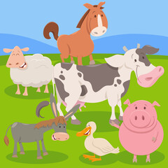 funny cartoon farm animal characters in the countryside