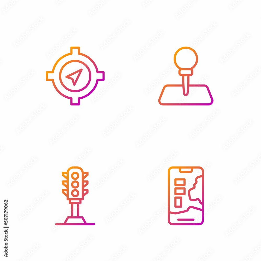 Poster set line city map navigation, traffic light, compass and push pin. gradient color icons. vector