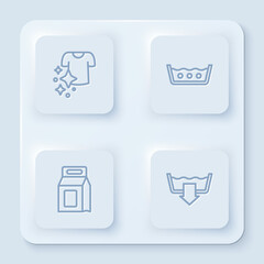 Set line Drying clothes, Temperature wash, Laundry detergent and Washing modes. White square button. Vector