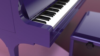 Purple-gold Grand Piano under deep purple-pink background. 3D illustration. 3D CG. 3D high quality rendering.  