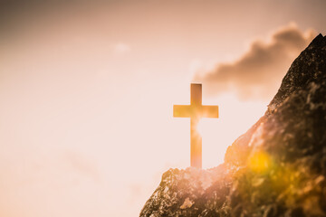 The Old Crucifixion of Jesus Christ at Sunrise - Silhouette Three Crosses On Hill