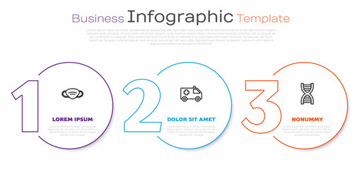 Set line Medical protective mask, Ambulance car and DNA symbol. Business infographic template. Vector