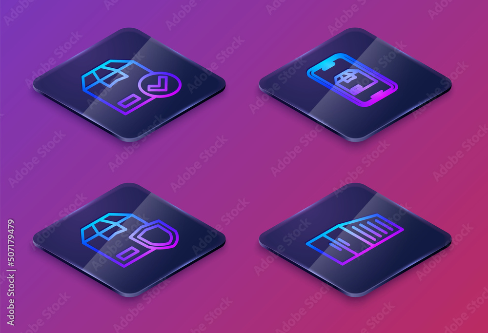Poster set isometric line ackage box with check mark, delivery security shield, mobile app delivery trackin