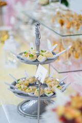 buffet food, catering food party at restaurant, mini canapes, snacks and appetizers
