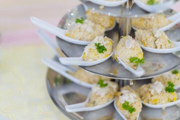 buffet food, catering food party at restaurant, mini canapes, snacks and appetizers
