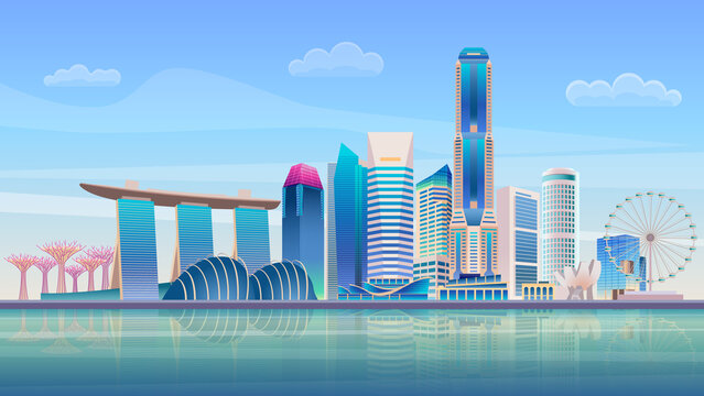 Singapore City panorama skyline. High skyscrapers modern cityscape. Vector illustration.
