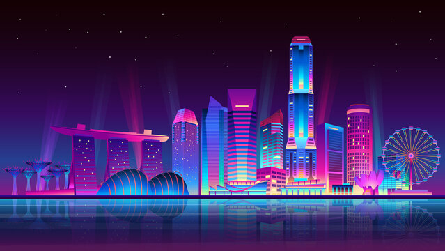 Singapore City Illuminated By Neon Lights. Modern Buildings And Skyscrapers. Vector Illustration.