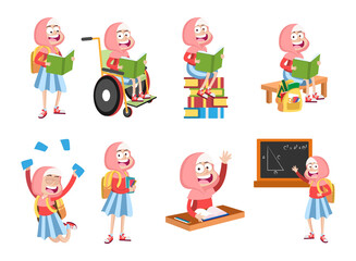 Set of happy muslim students girls Vector illustration