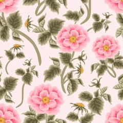 Fototapeten Vintage aesthetic garden pink rosa canina flower vector seamless pattern design for fabric, paper, background decoration, greeting card, or wedding invitation © Artflorara