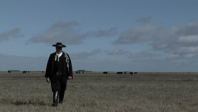 Argentine Gaucho Walking in the Countryside in Buenos Aires Province, Argentina. 