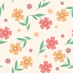Bukiet - kwiatowy wzór wektorowy z małymi kwiatami i liśćmi w różowym i pomarańczowym kolorze. - obrazy, fototapety, plakaty