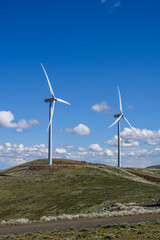 Wind turbines in the shrub-steppe habitat of Central Washington, utility scale, renewable green power generation
