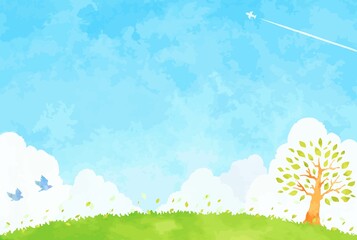 綺麗な青空と大きな木の風景イラスト