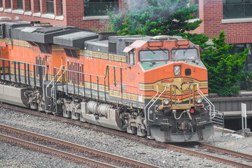 Freight train engines on railroad tracks at Port of Seattle