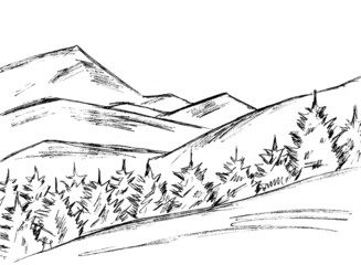 landscape with mountains and Christmas trees in black on a white background