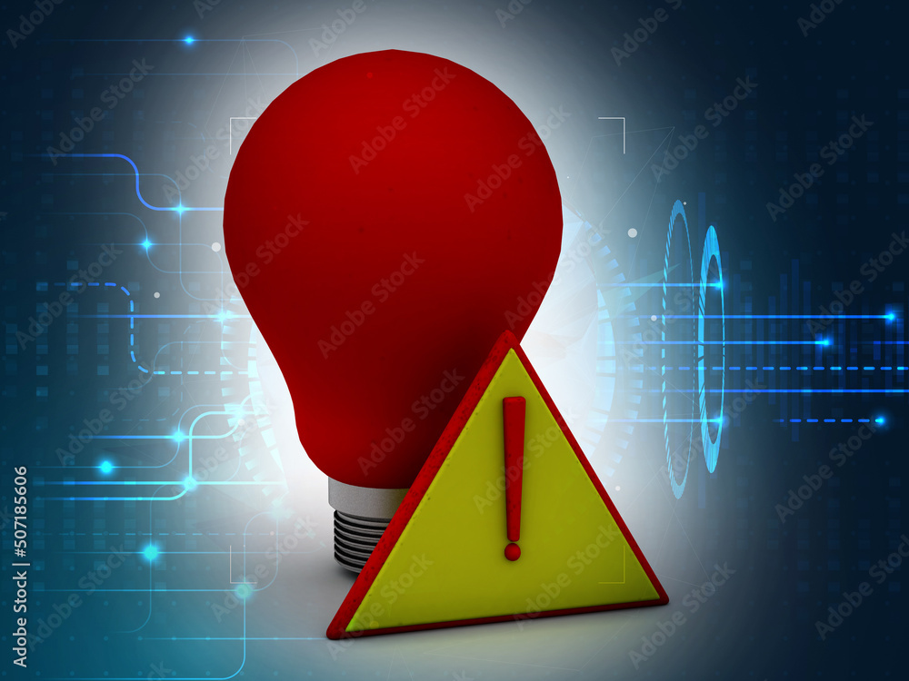 Poster 3d rendering bulb with alert sign with digital background